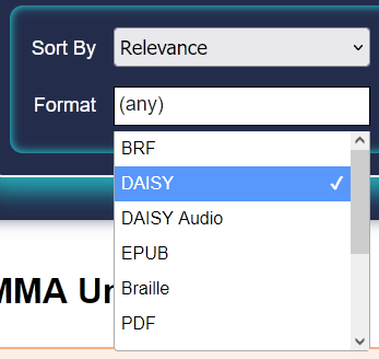 Opened search format drop-down menu with "DAISY" format selection
highlighted.
