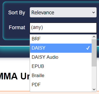 Opened search format dropdown menu with "DAISY" format selection highlighted.