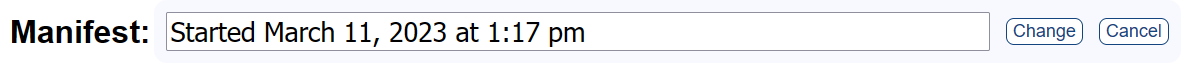 An example auto-generated manifest title being edited in a text input, followed by "Change" and "Cancel" buttons.