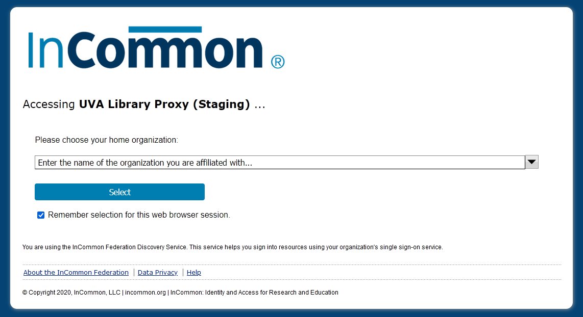 The InCommon login form with a drop-down menu to select your
institution.
