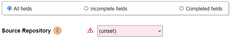 A portion of the upload submission form showing radio buttons to
filter the fields on the page, and with the Source Repository menu
in its initial closed state showing "(unset)".
