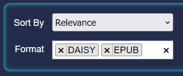 Multi-select "Format" menu with two selections: "DAISY" and "EPUB".
