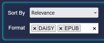 Multi-select "Format" menu with two selections: "DAISY" and "EPUB".