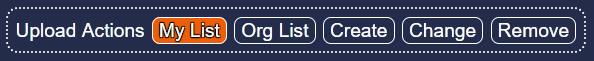 Upload action button panel ("My List", "Org List", "Create",
"Change", and "Remove") with "My List" highlighted, indicating that
the current page lists EMMA submissions made by this account.
